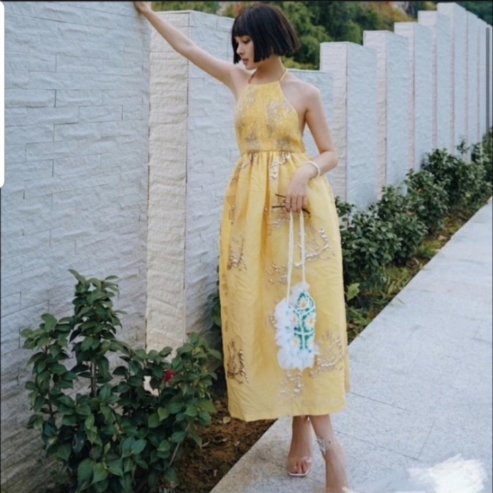 Zara Golden Yellow Embroidered Midi Dress